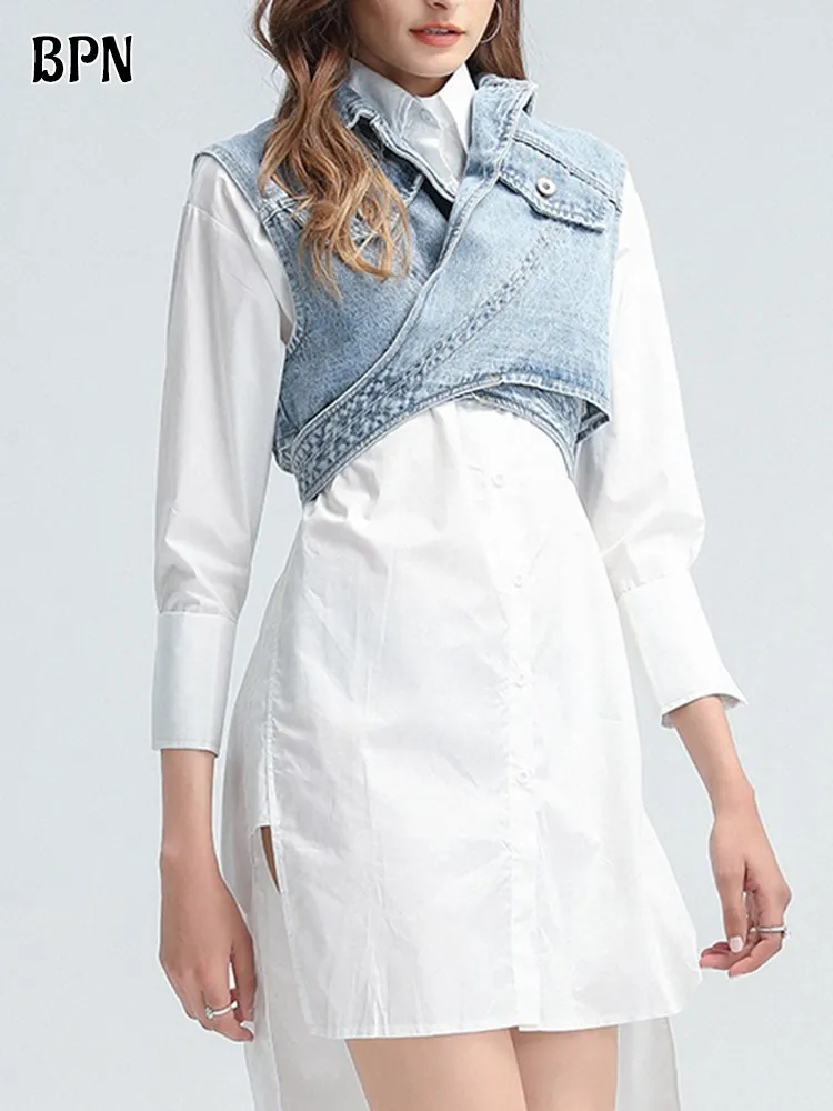 BPN Asymmetrical Denim Coat For Women Lapel Sleeveless Hollow Out Spliced Lace Up Slim Crisscross Short Tops Female Clothing New
BPN Asymmetrical Denim Coat For Women Lapel Sleeveless Hollow Out Spliced Lace Up Slim Crisscross Short Tops Female Clothing New