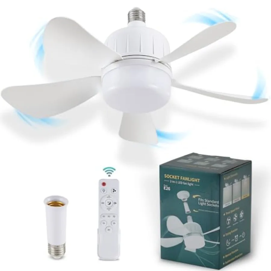 Socket Fan Light with Remote Dimmable LED Ceiling Fans with Lights Screw in Socekt Fans and 1 Socket Extender 3 Colors 3000K-65
Socket Fan Light with Remote Dimmable LED Ceiling Fans with Lights Screw in Socekt Fans and 1 Socket Extender 3 Colors 3000K-65