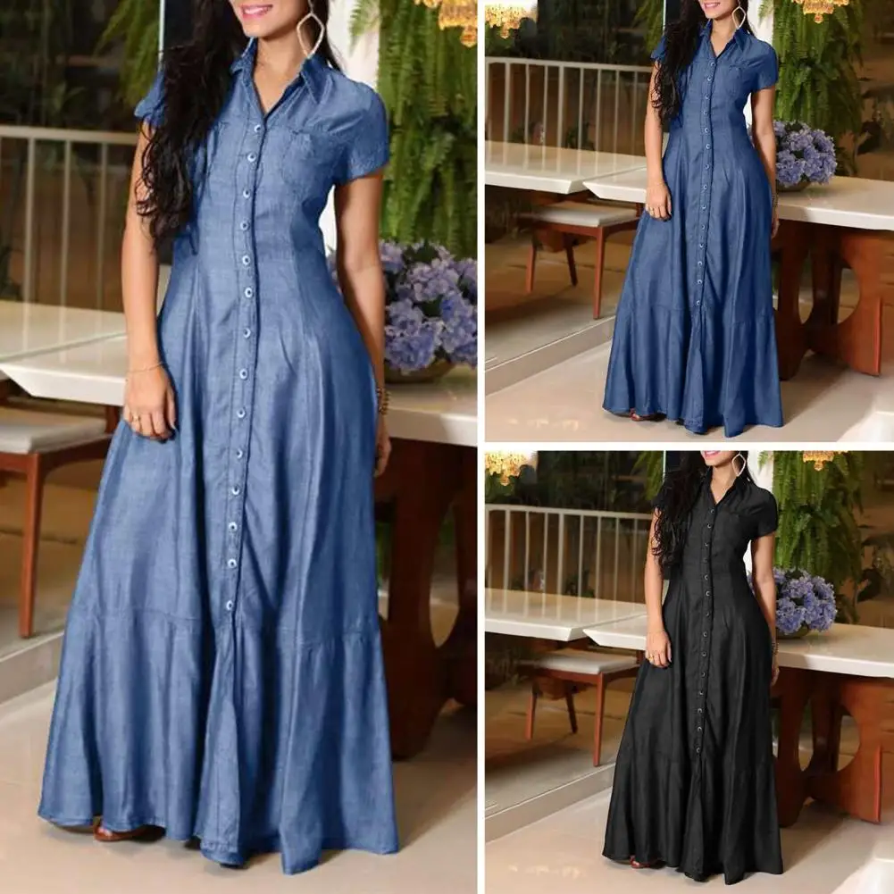 Women Denim Dress Elegant Denim Dress with Ruffle Hem Patch Pockets for Women A-line High Waist Long Dress Solid Color Lapel
Women Denim Dress Elegant Denim Dress with Ruffle Hem Patch Pockets for Women A-line High Waist Long Dress Solid Color Lapel