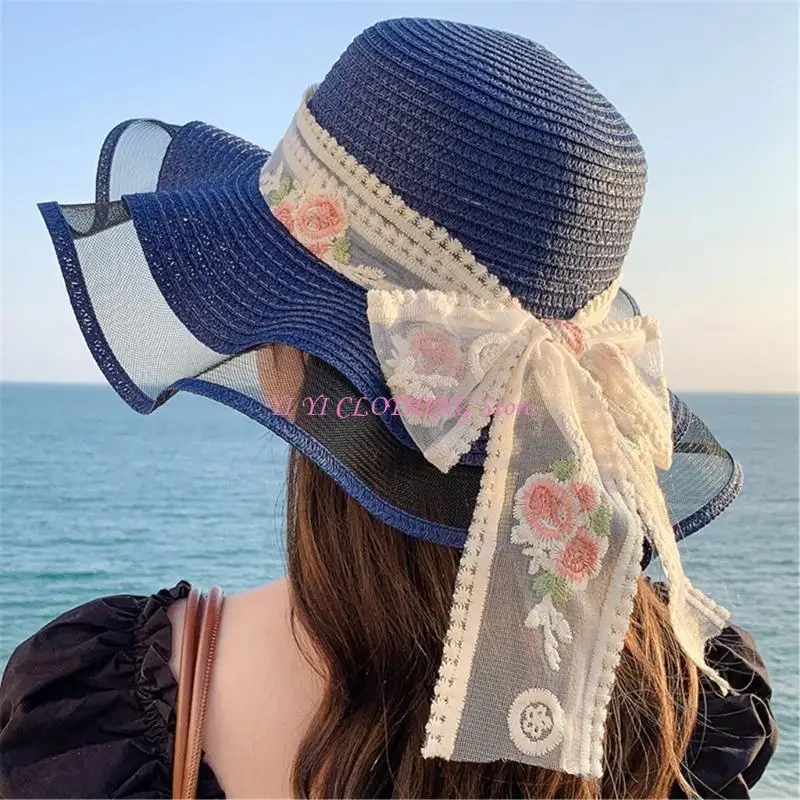 N5KF Ribbon Bow Straw Hat Breathable Embroidered Flower Wide Brimmed Hat Holiday Wear
N5KF Ribbon Bow Straw Hat Breathable Embroidered Flower Wide Brimmed Hat Holiday Wear
