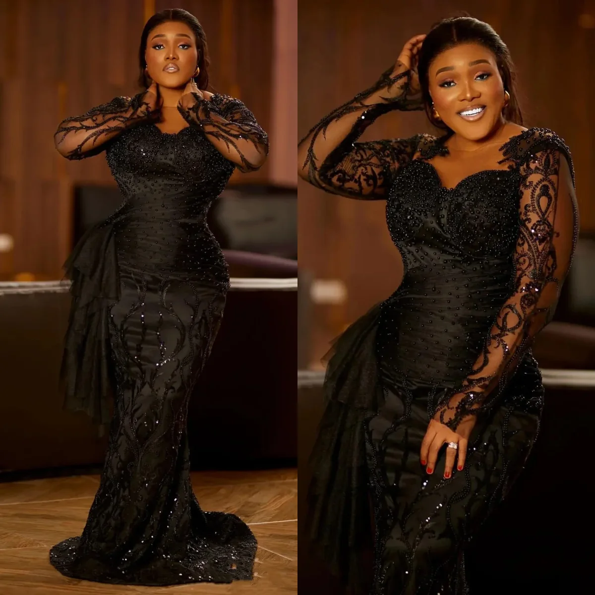 Luxurious Black Beaded Lace Mermaid Evening Dress Sweetheart shaped Collar and Long Sleeve Formal Graduation Ball Dress Custom
Luxurious Black Beaded Lace Mermaid Evening Dress Sweetheart shaped Collar and Long Sleeve Formal Graduation Ball Dress Custom