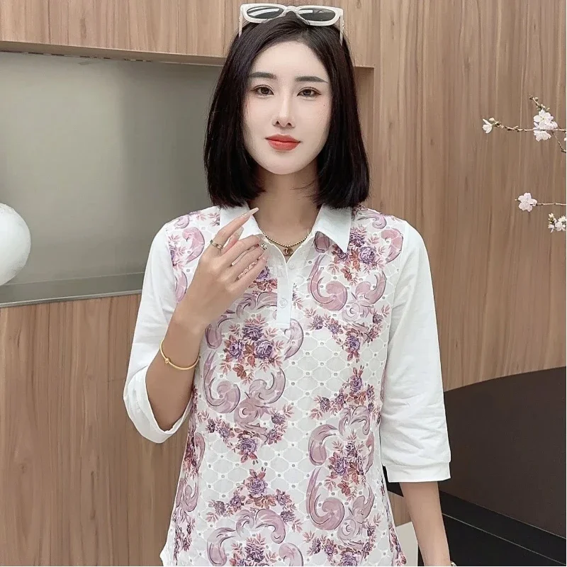 Printed fashionable top for women's base shirt for new pure cotton mother lapel POLO quarter sleeve new T-shirt for women loose
Printed fashionable top for women's base shirt for new pure cotton mother lapel POLO quarter sleeve new T-shirt for women loose