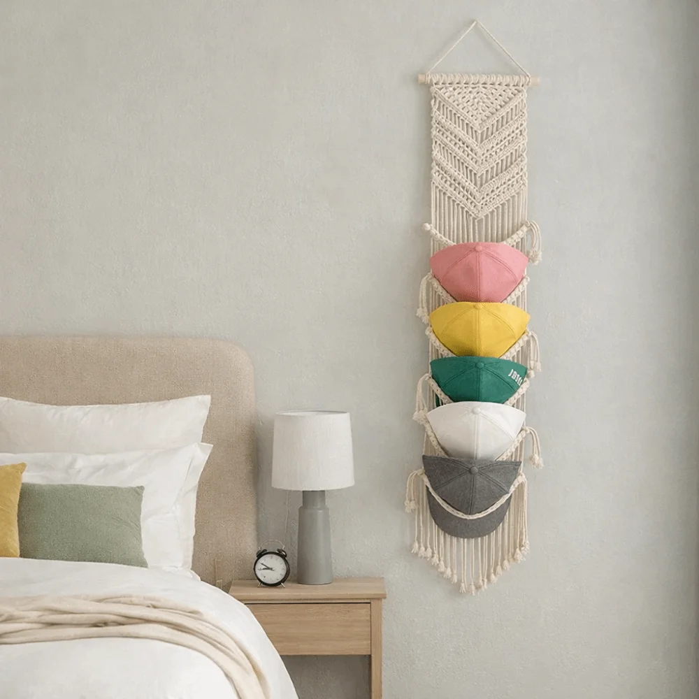 Handwoven Macrame Hat Rack Wall-Mounted with Tassel Wall Hanging Cap Holder Bohemian Style Handmade Cap Hanger Home Decor
Handwoven Macrame Hat Rack Wall-Mounted with Tassel Wall Hanging Cap Holder Bohemian Style Handmade Cap Hanger Home Decor