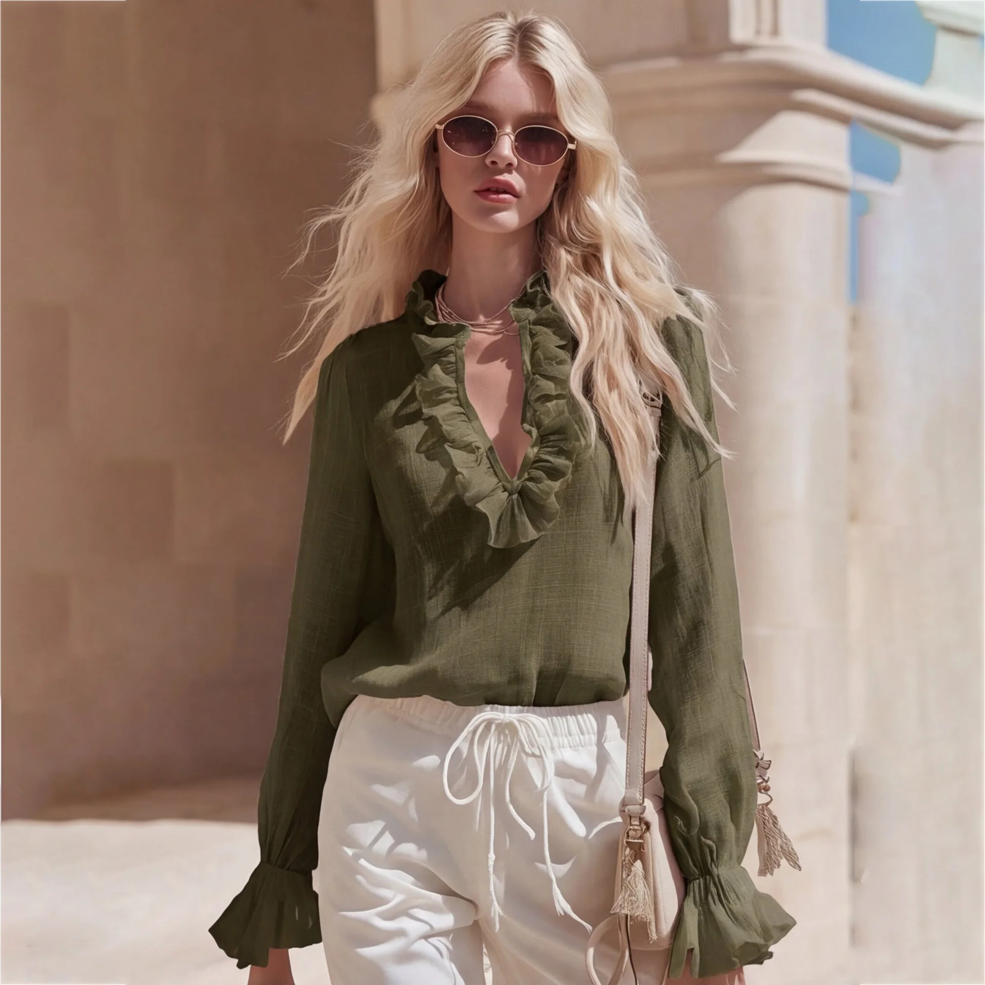 Women's Ruffled Trim V-Neck Vintage Blouse Loose Fit Casual Top With Flare Cuffs New Autumn Summer Fashion Long Sleeve Shirt
Women's Ruffled Trim V-Neck Vintage Blouse Loose Fit Casual Top With Flare Cuffs New Autumn Summer Fashion Long Sleeve Shirt
