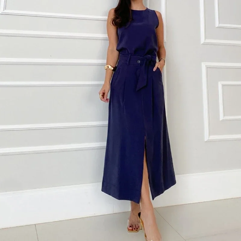Women Slit Office Set Ladies Elegant Sleeveless O-Neck Blouse&Long Skirts Suit 2025 Solid Color Lace-up 2Pcs Temperament Outfits
Women Slit Office Set Ladies Elegant Sleeveless O-Neck Blouse&Long Skirts Suit 2025 Solid Color Lace-up 2Pcs Temperament Outfits