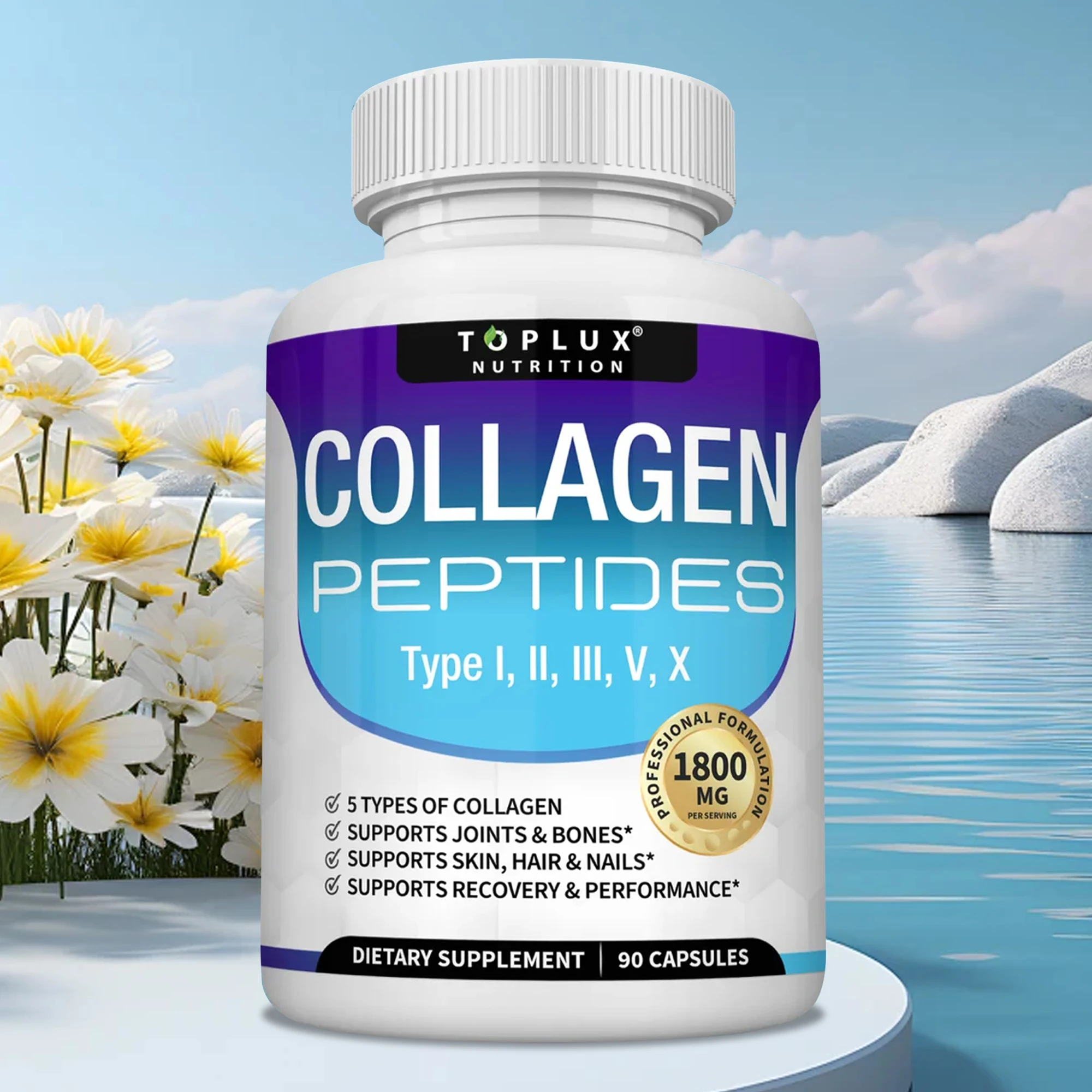 Collagen Peptides 1800mg - Anti-Aging, Hair & Skin Health, Joint and Bone Health - Types I,II,III,V,X
Collagen Peptides 1800mg - Anti-Aging, Hair & Skin Health, Joint and Bone Health - Types I,II,III,V,X