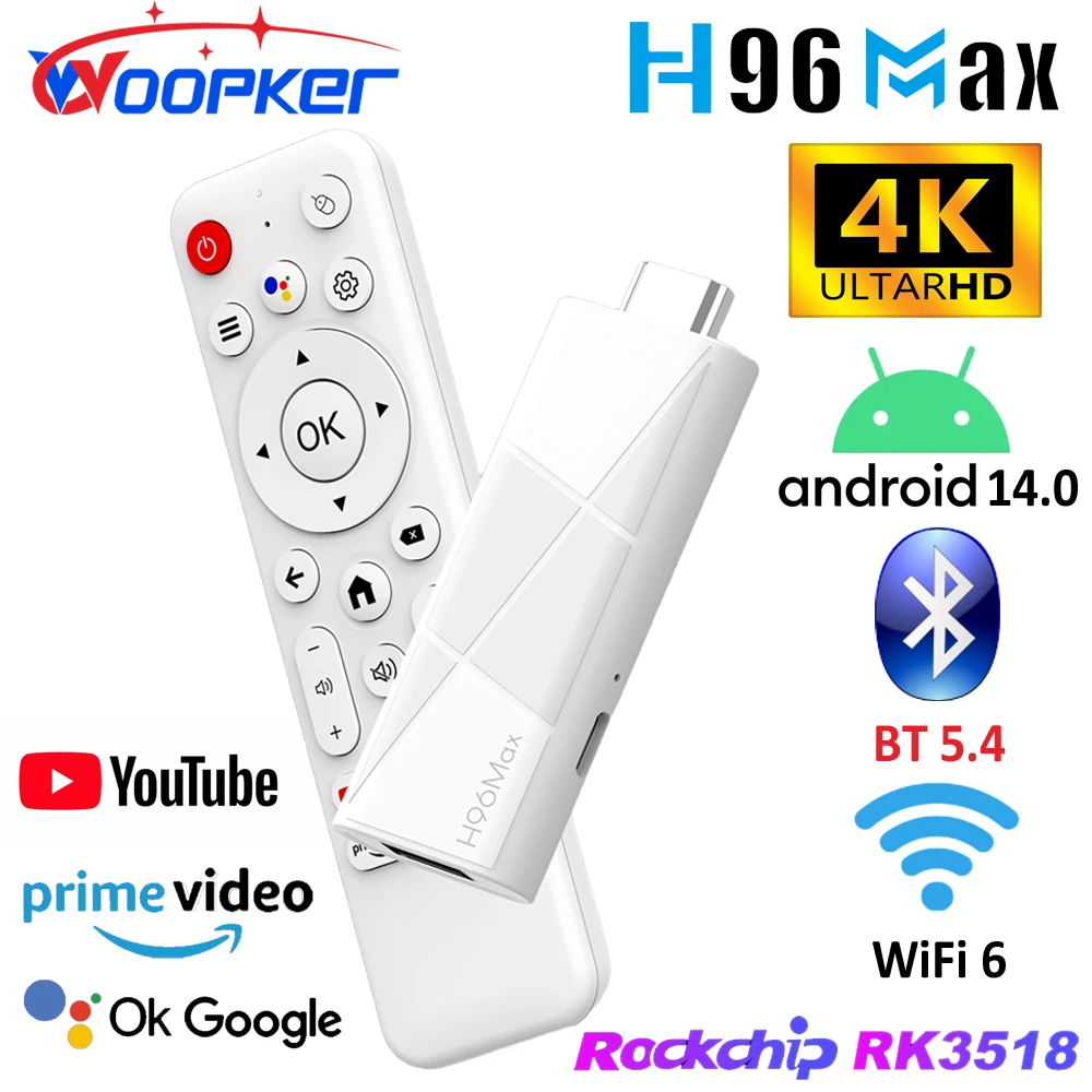 WOOPKER TV Stick H96 MAX RK3518 Android 14 4K@60fps WiFi6 BT5.4 Google Voice Remote Assistant Media Player 4K HD Smart TV Stick
WOOPKER TV Stick H96 MAX RK3518 Android 14 4K@60fps WiFi6 BT5.4 Google Voice Remote Assistant Media Player 4K HD Smart TV Stick