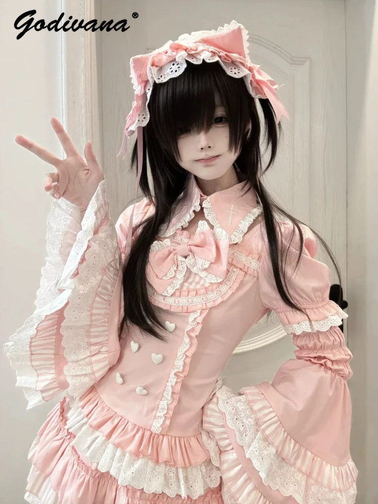 Subculture Sweet Girls Pink Shirt and Skirt Set Lolita Bow Ji-sleeve Women Shirts Top Mini Cake Skirt Doll-like Kawaii Outfits
Subculture Sweet Girls Pink Shirt and Skirt Set Lolita Bow Ji-sleeve Women Shirts Top Mini Cake Skirt Doll-like Kawaii Outfits