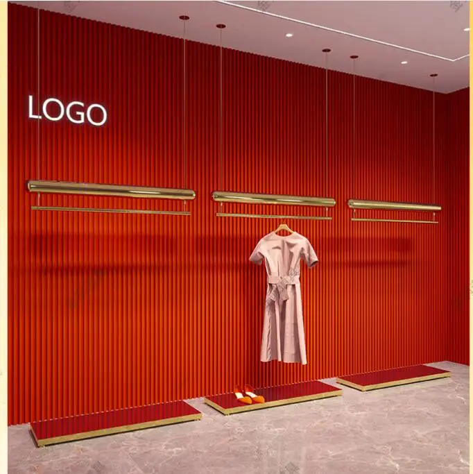 Clothing store display rack wall hanging stainless steel titanium gold hanging clothes rack women's store display shelves
Clothing store display rack wall hanging stainless steel titanium gold hanging clothes rack women's store display shelves