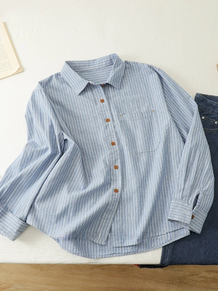 Retro Cotton Linen Striped irt Women's Spring Commute Casual Loose Long Sve Collar Top Versatile Comfortable Fit
Retro Cotton Linen Striped irt Women's Spring Commute Casual Loose Long Sve Collar Top Versatile Comfortable Fit