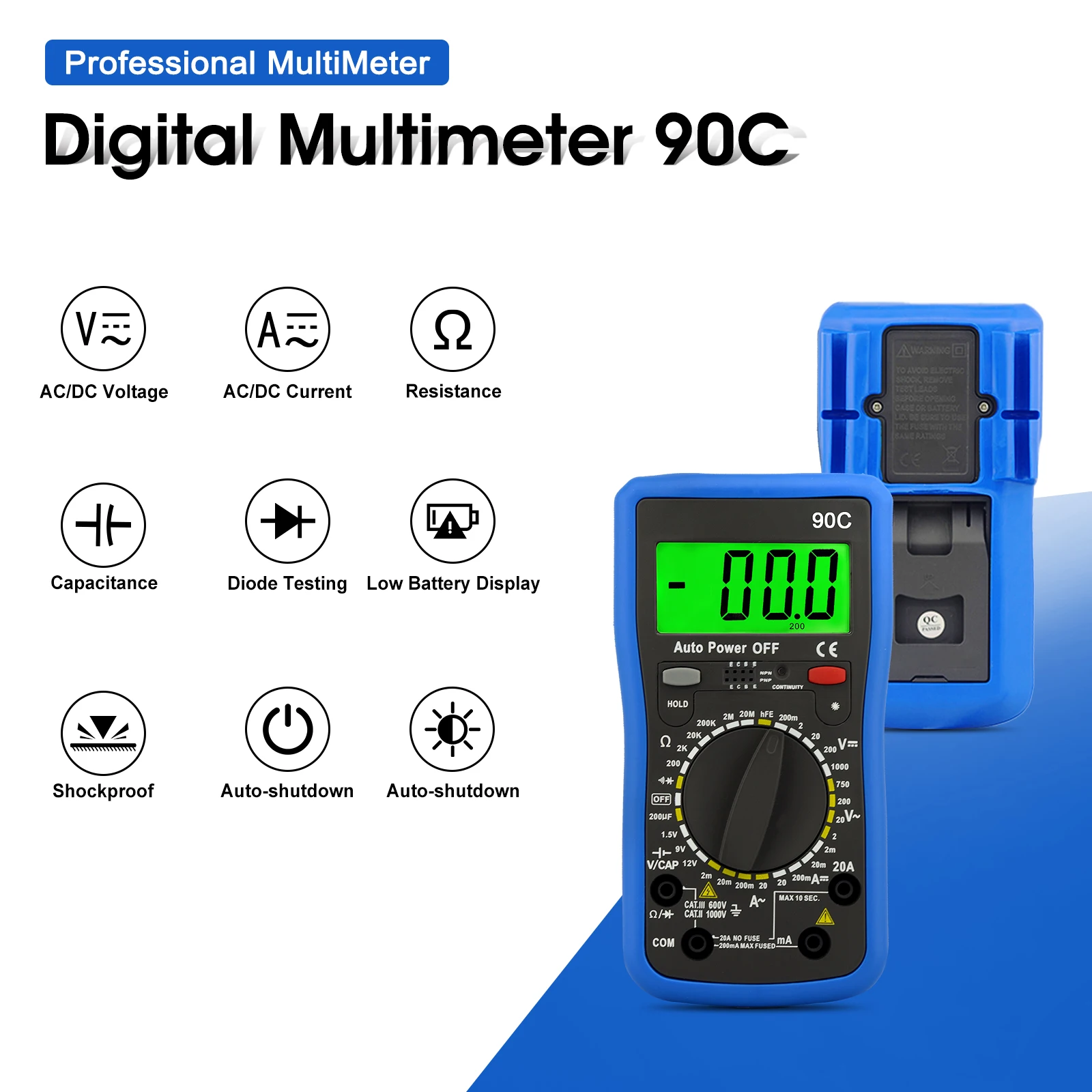 HP-90C Digital Multimeter 1999 Counts AC/DC Voltage Current Resistance Capacitance hFE Backlight
HP-90C Digital Multimeter 1999 Counts AC/DC Voltage Current Resistance Capacitance hFE Backlight