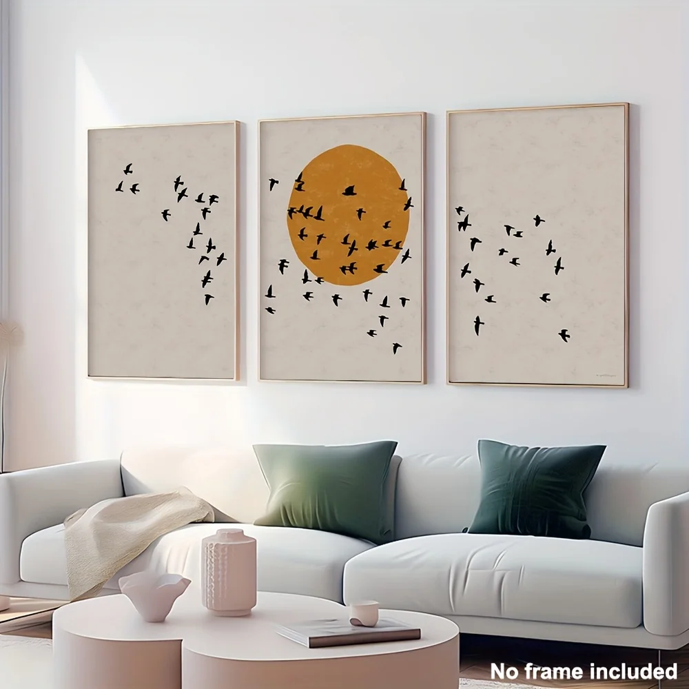 Set of 3 Decorative Paintings Featuring Bird Silhouettes and Sunrise on A Gray Background, Creating A Zen-like Holiday Gift
Set of 3 Decorative Paintings Featuring Bird Silhouettes and Sunrise on A Gray Background, Creating A Zen-like Holiday Gift