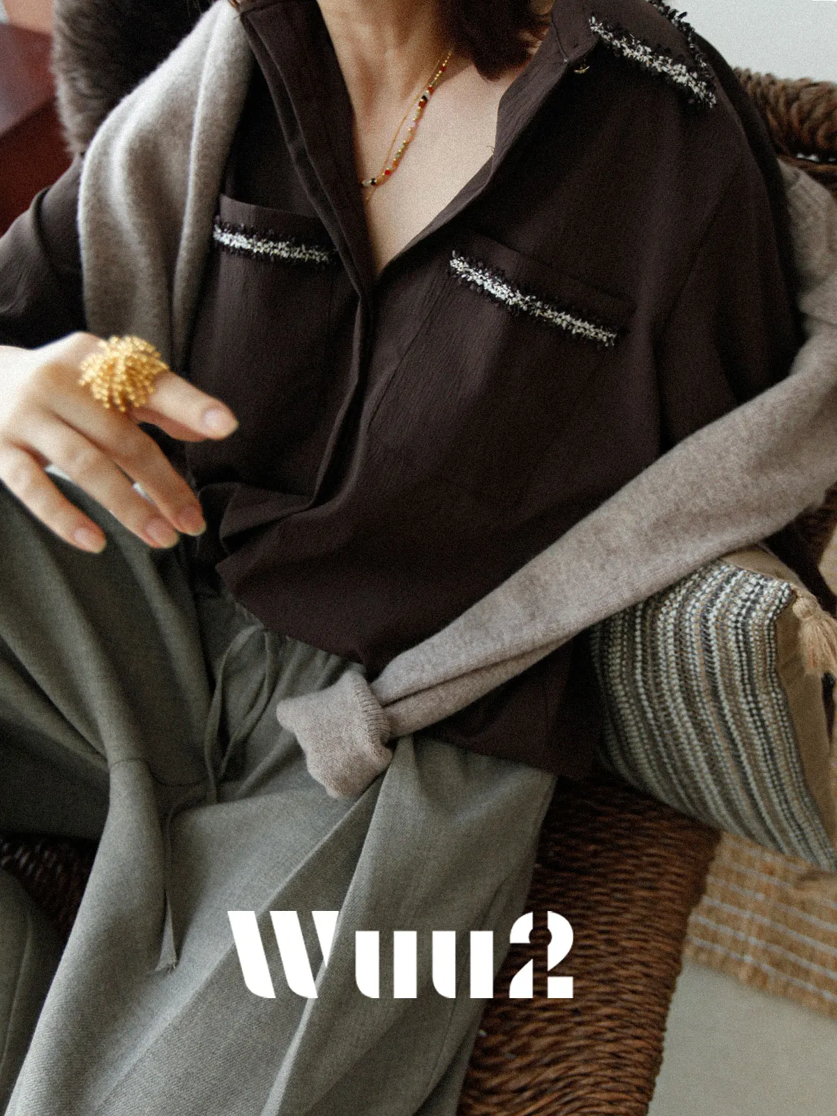 Женская рубашка Wuu2 из твида кофейного цвета с пэчворк-дизайном, французский стиль, свободный крой, длинный рукав, воротник, на пуговицах, повседневная, для ношения под одеждой
Женская рубашка Wuu2 из твида кофейного цвета с пэчворк-дизайном, французский стиль, свободный крой, длинный рукав, воротник, на пуговицах, повседневная, для ношения под одеждой