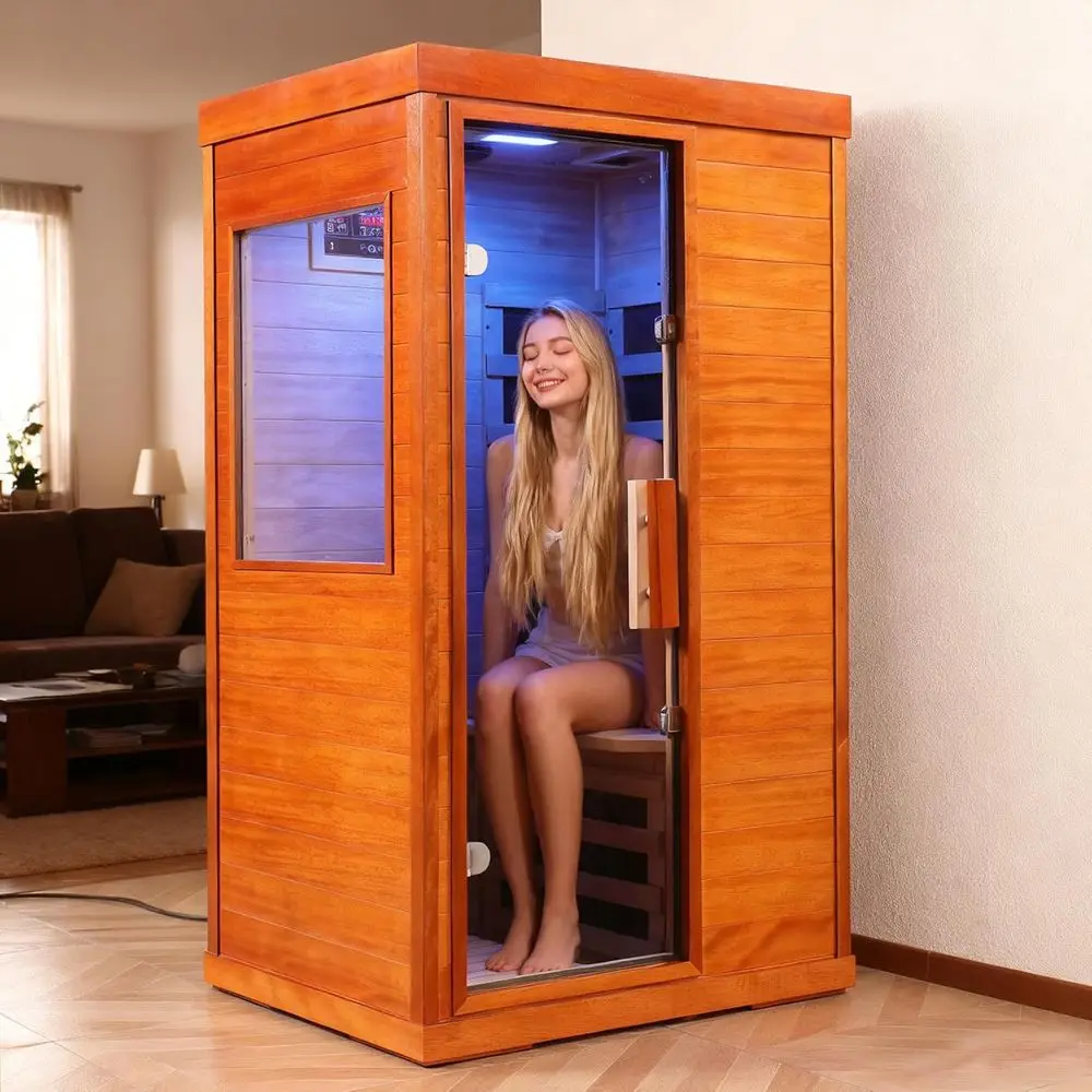 Indoor 1-Person Infrared Sauna with 6 Heating Panels, Bluetooth Audio, and Tempered Glass Door (Natural, 35.4x27.5x63.3)
Indoor 1-Person Infrared Sauna with 6 Heating Panels, Bluetooth Audio, and Tempered Glass Door (Natural, 35.4x27.5x63.3)