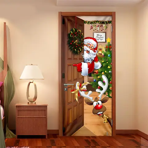 Christmas Themed Door Sticker Self-adhesive Removable Santa Claus Reindeer Door Opening Pattern Cabinet Sliding Door Decoration