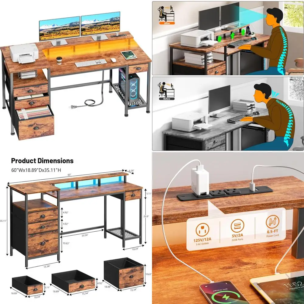 60-inch LED-lit Gaming and Office Desk with 4 Drawers, Printer Shelf, and USB Charging Ports
60-inch LED-lit Gaming and Office Desk with 4 Drawers, Printer Shelf, and USB Charging Ports