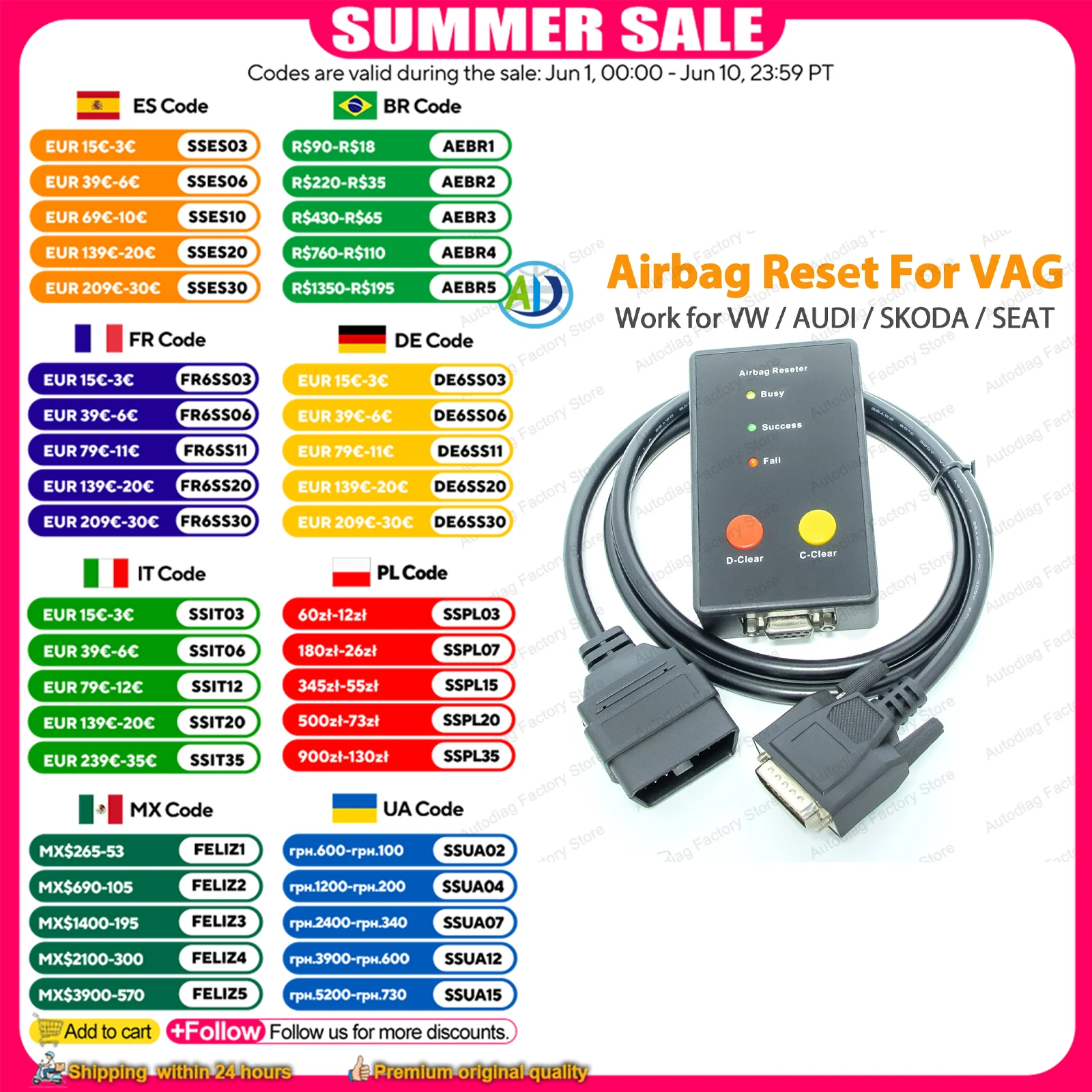 OBD2 Airbag Resetter Crash Data Erase Airbag Fault Code Reset Tool For A2/A3/A4/A6/A8 For Golf/Passat/Sharan
OBD2 Airbag Resetter Crash Data Erase Airbag Fault Code Reset Tool For A2/A3/A4/A6/A8 For Golf/Passat/Sharan