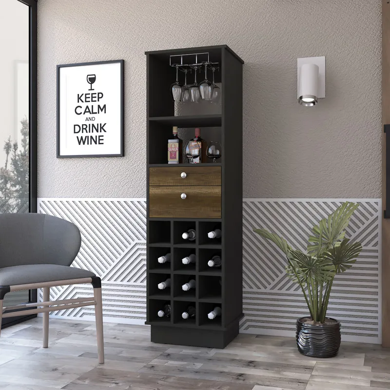 Wenge and Walnut 12-Bottle 2-Drawer 1-Shelf Bar Cabinet
Wenge and Walnut 12-Bottle 2-Drawer 1-Shelf Bar Cabinet