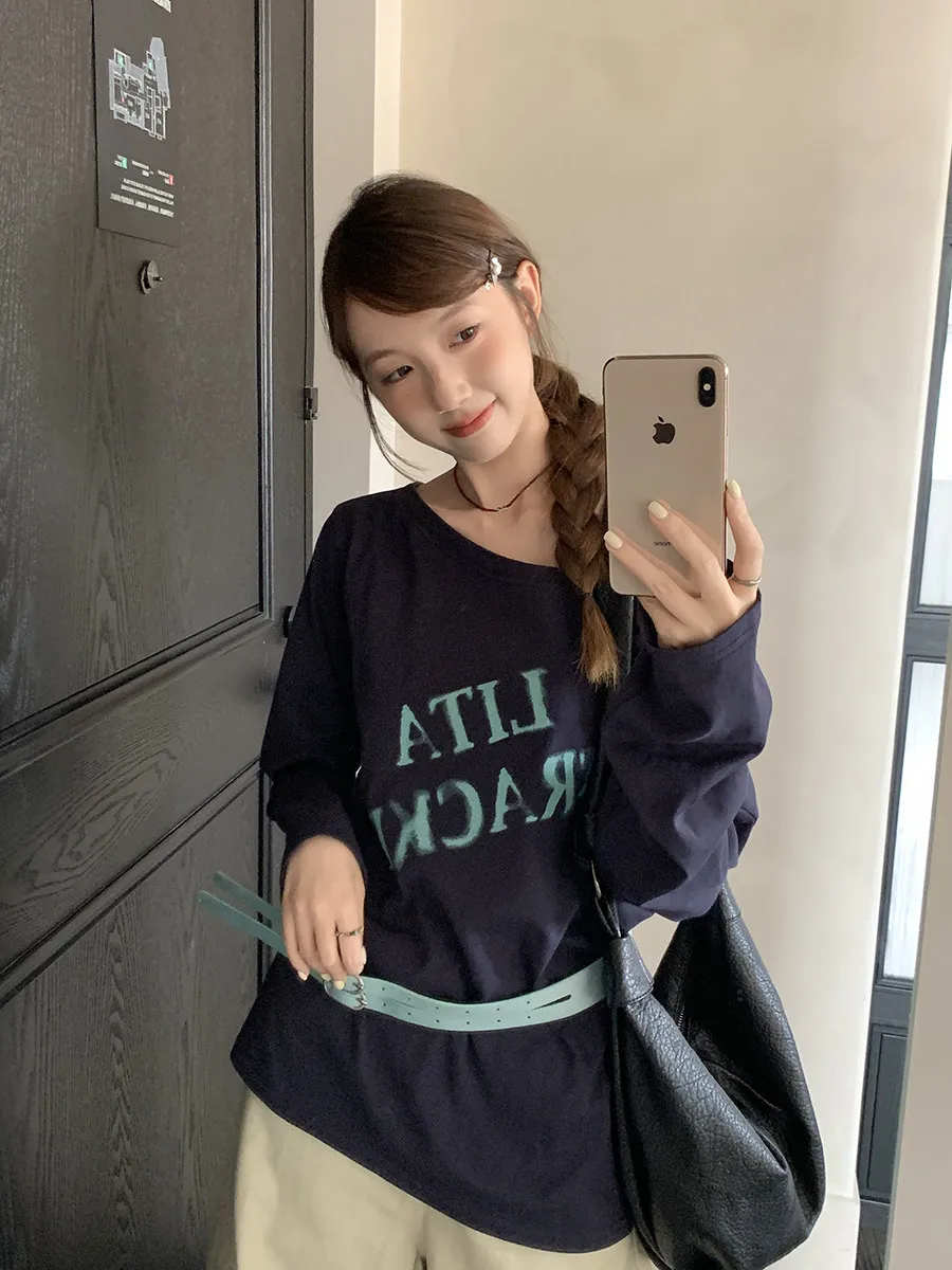 Loose Long Sve T-irt Women's Belted Printed Casual Autumn Top Lin Yunyun Lazy Sle oulder Print Cotton Polyester
Loose Long Sve T-irt Women's Belted Printed Casual Autumn Top Lin Yunyun Lazy Sle oulder Print Cotton Polyester