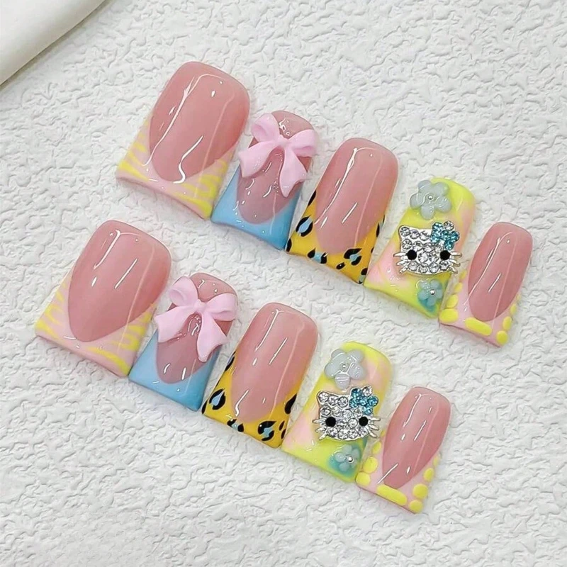 10Pcs Handmade Nails Yellow Leopard Print Y2K French Style Fake Nails with HelloKitty Knot Decorated Duckbill Press on Nails
10Pcs Handmade Nails Yellow Leopard Print Y2K French Style Fake Nails with HelloKitty Knot Decorated Duckbill Press on Nails