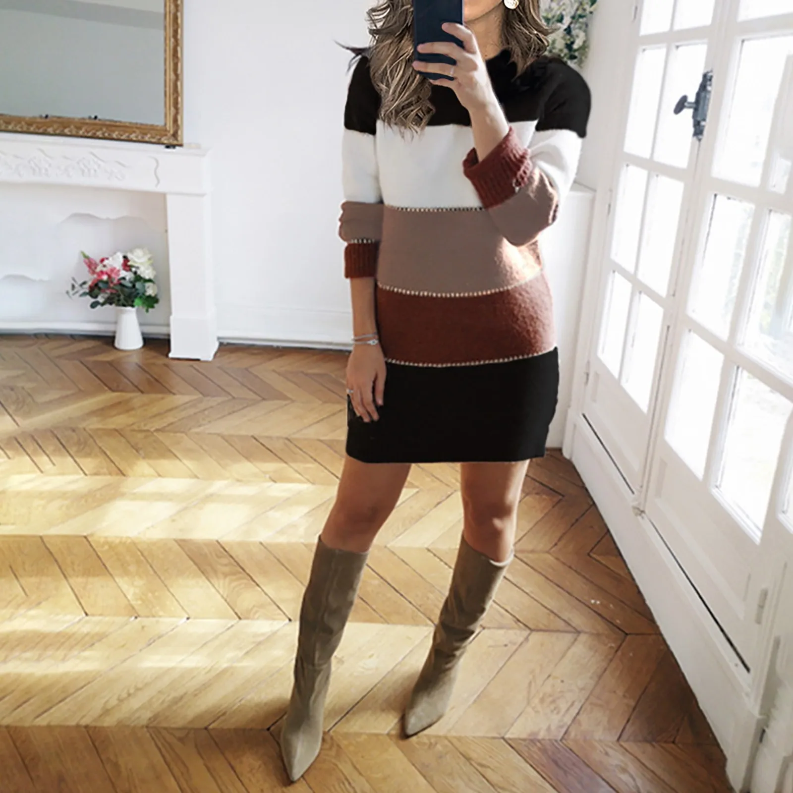 Autumn Winter New Knitted Dress For Women Colorblock Casual Korean Long Sleeve Pullovers Robe Round Neck Sweater Mini Dresses
Autumn Winter New Knitted Dress For Women Colorblock Casual Korean Long Sleeve Pullovers Robe Round Neck Sweater Mini Dresses
