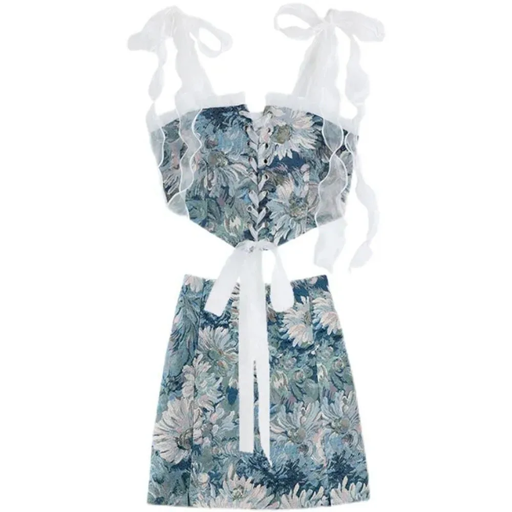 Retro Jacquard Camisole Half Skirt Two-piece Set Crop Top Lace Up Bustier Vintage Lace Sling Summer Fashion Women's Set Suits
Retro Jacquard Camisole Half Skirt Two-piece Set Crop Top Lace Up Bustier Vintage Lace Sling Summer Fashion Women's Set Suits