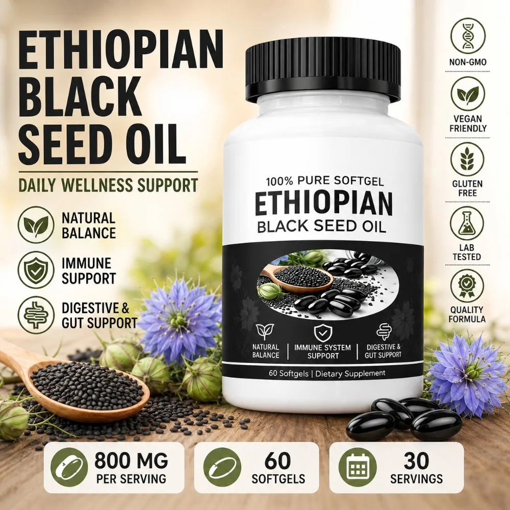 Ethiopian Black Seed Oil Softgels 800mg, Nigella Sativa Supplement for Natural Balance, Immune & Digestive Support, 60 Count
Ethiopian Black Seed Oil Softgels 800mg, Nigella Sativa Supplement for Natural Balance, Immune & Digestive Support, 60 Count