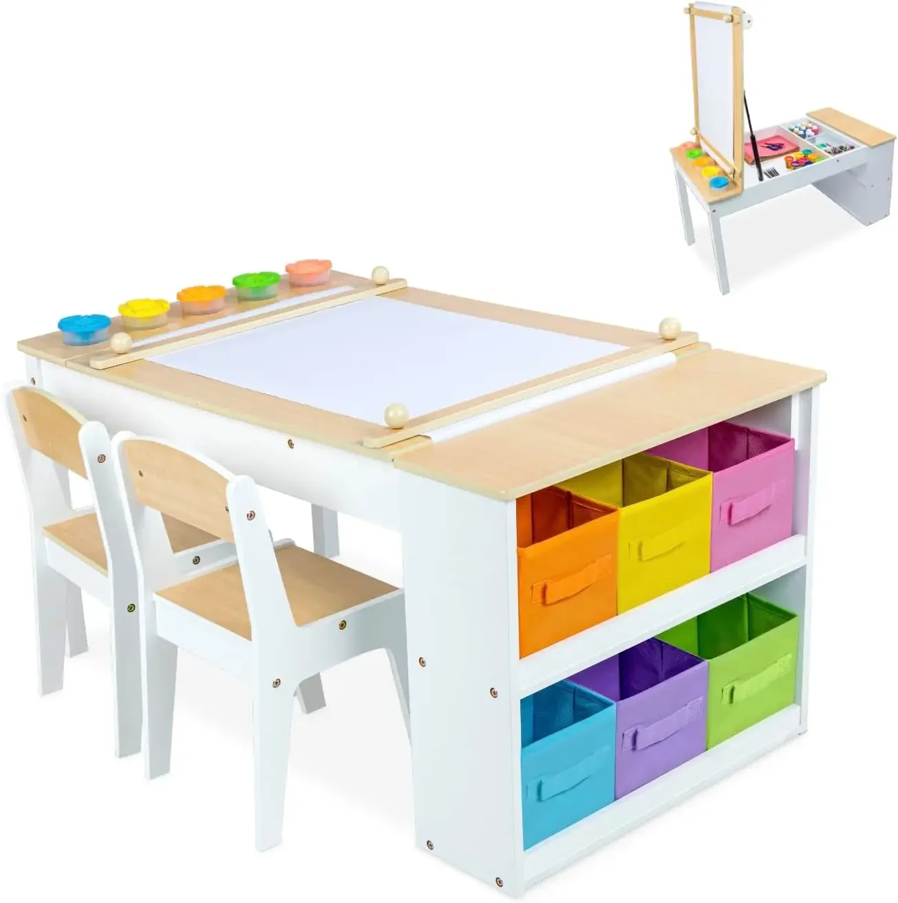 2-in-1 Kids Art Table and Art Easel Table and Chair Set, Toddler Craft and Play Wood Activity Table with Storage Bins and Paper
2-in-1 Kids Art Table and Art Easel Table and Chair Set, Toddler Craft and Play Wood Activity Table with Storage Bins and Paper
