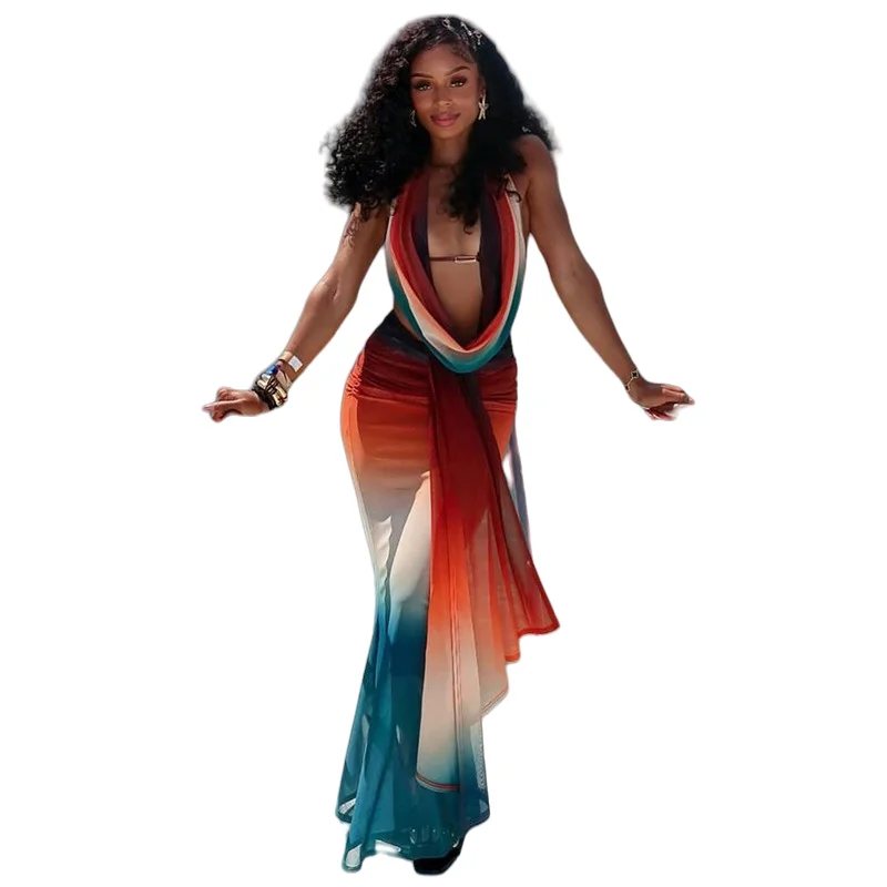 Women's Gradient Lace-up Halter Swinging Collar Sleeveless Backless Vest Tops & Pleated Long Skirt, Gauze Spliced Sexy, 2pcs Set
Women's Gradient Lace-up Halter Swinging Collar Sleeveless Backless Vest Tops & Pleated Long Skirt, Gauze Spliced Sexy, 2pcs Set
