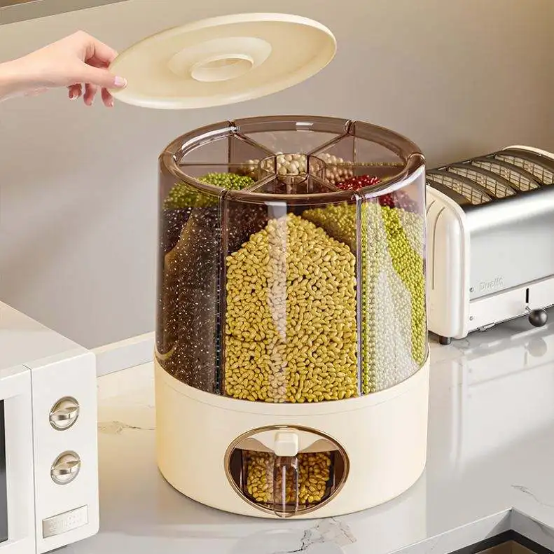 Transparent Plastic 6-Compartments Rice Dispenser Moisture-proof Food Kitchen Storage Container Rotating Rice Box