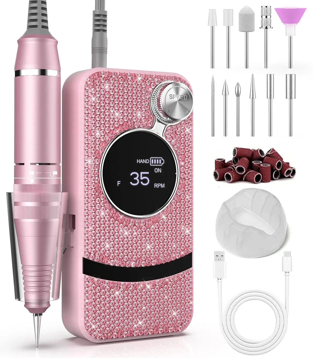 Cordless Nail Drill 35000RPM, 11 Bits, Rechargeable, LED Display, Pink
Cordless Nail Drill 35000RPM, 11 Bits, Rechargeable, LED Display, Pink