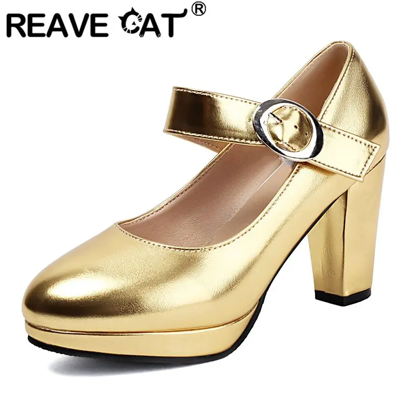 REAVE CAT Brand Shiny Female Pumps Round Toe Chunky Heels 8.5cm Platform 2cm Buckle Strap Big Size 46 47 48 Wedding Party Shoes
REAVE CAT Brand Shiny Female Pumps Round Toe Chunky Heels 8.5cm Platform 2cm Buckle Strap Big Size 46 47 48 Wedding Party Shoes