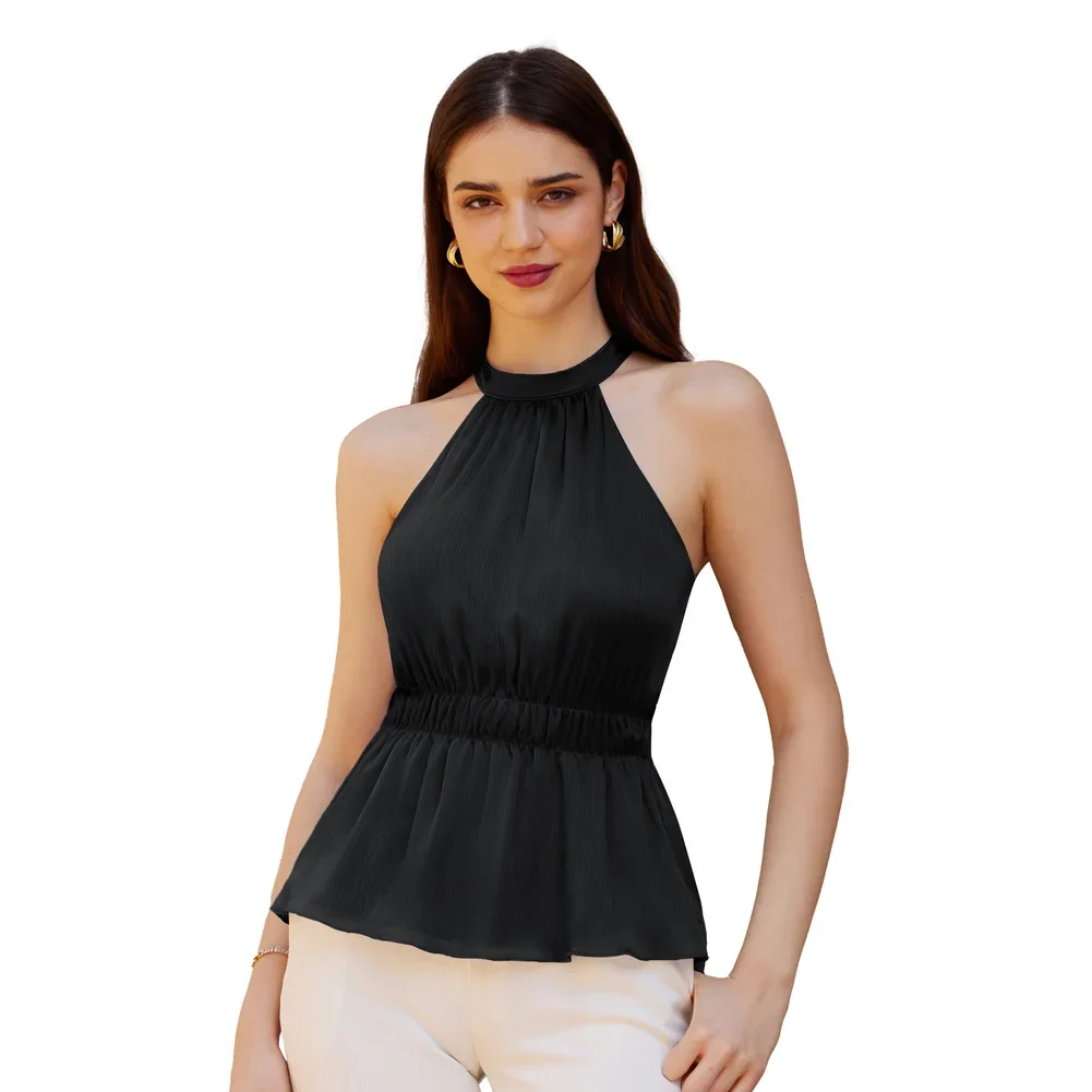 GK Women Elastic Waist Tops Cut-out Shoulder Keyhole Back Halterneck Tank Tops Solid Office Lady Clothing Summer Temperament
GK Women Elastic Waist Tops Cut-out Shoulder Keyhole Back Halterneck Tank Tops Solid Office Lady Clothing Summer Temperament