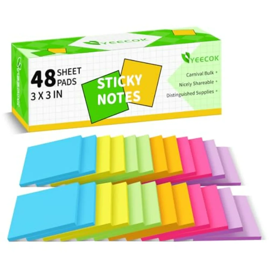48 Pads Sticky Notes 3x3 inch Post, Self-Stick Pads Bright Colors Post Note, Recyclable, Easy to Post for Home, Office, School
48 Pads Sticky Notes 3x3 inch Post, Self-Stick Pads Bright Colors Post Note, Recyclable, Easy to Post for Home, Office, School