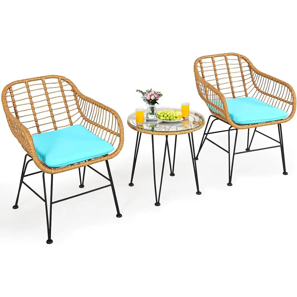 3-Piece Outdoor Bistro Set: Rattan with Cushioned Chairs & Glass Table for Patio, Balcony, Garden, Poolside
3-Piece Outdoor Bistro Set: Rattan with Cushioned Chairs & Glass Table for Patio, Balcony, Garden, Poolside