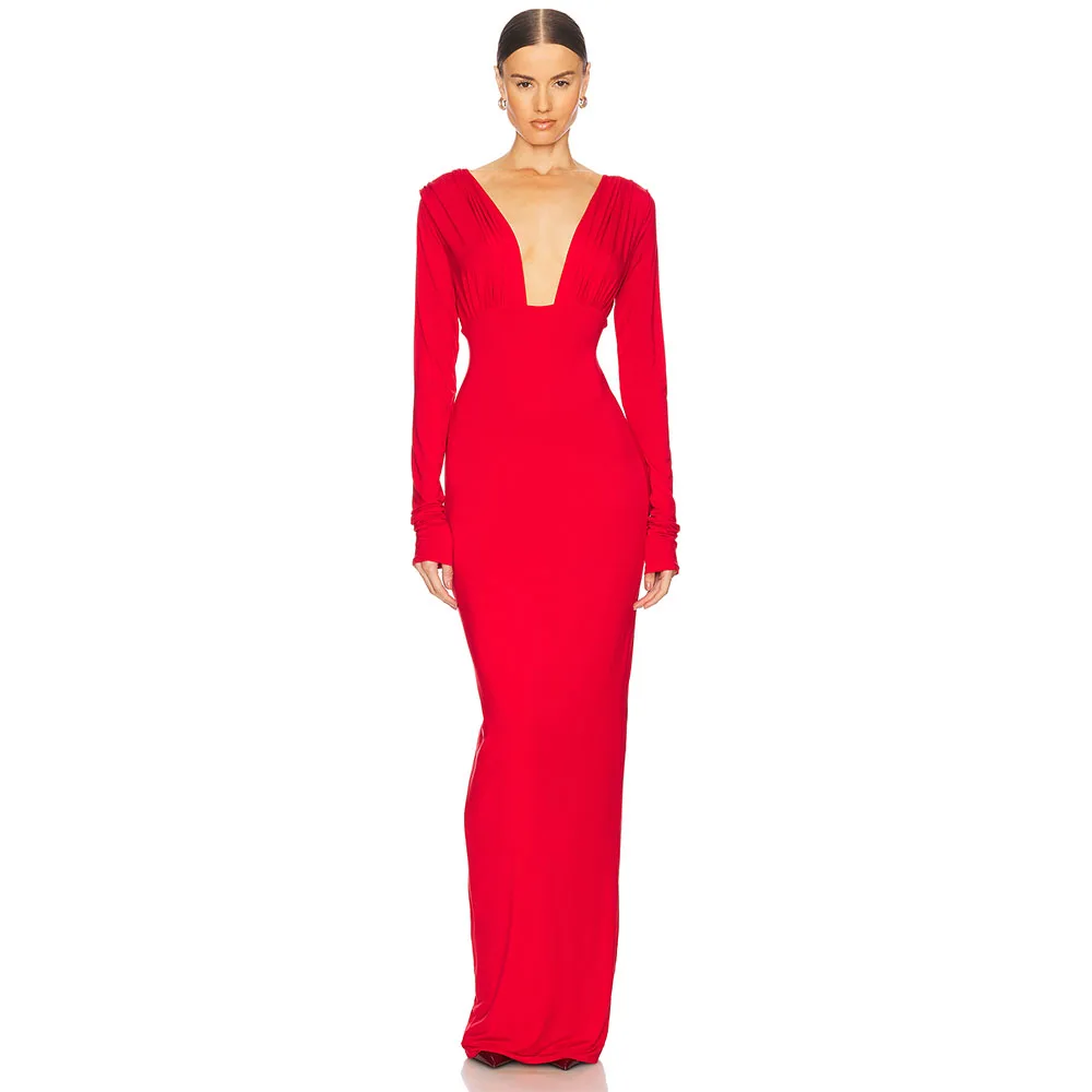 Sexy V Neck Evening Dress For Wedding Red Mermaid Women's Evening Gown Long Sleeves Floor Length Formal Party Dresses
Sexy V Neck Evening Dress For Wedding Red Mermaid Women's Evening Gown Long Sleeves Floor Length Formal Party Dresses