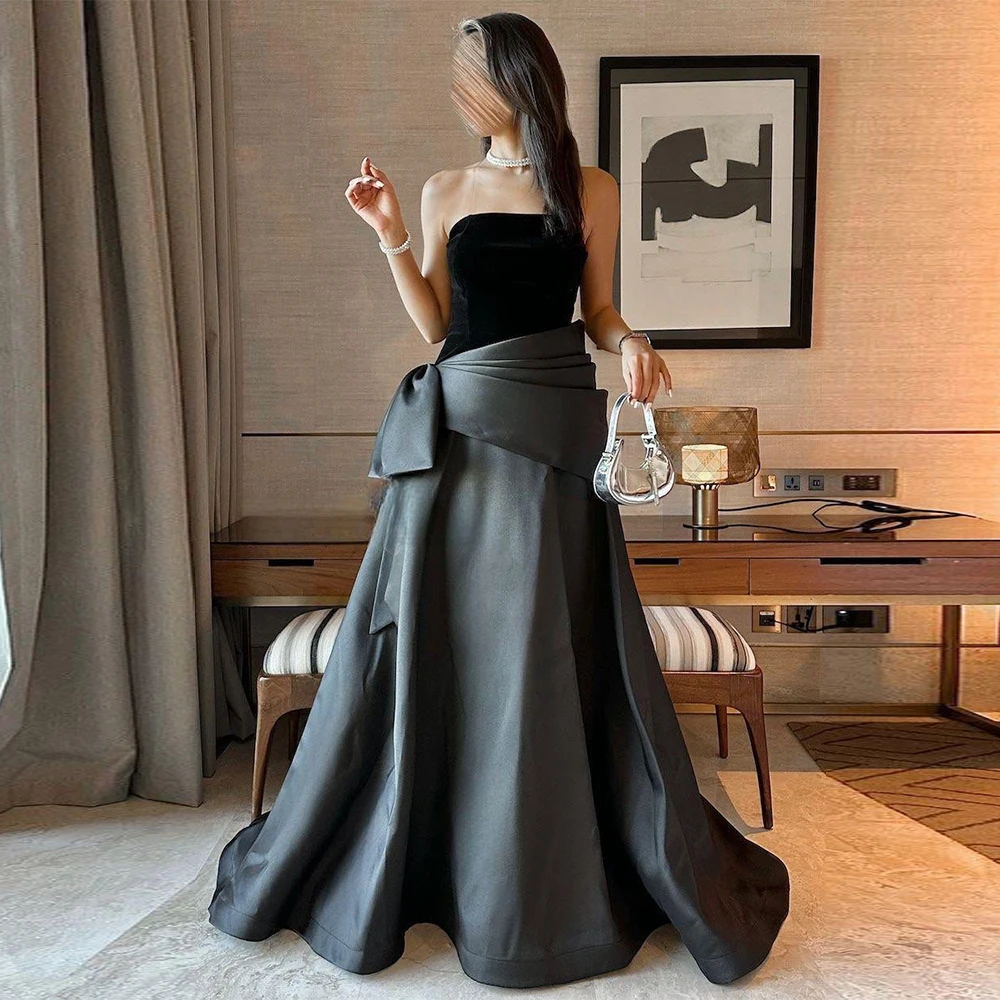 Fashion Women's Evening Ball Gowns Satin&Velour A-line Birthday Dress Black Strapless Pleat Bow Ruched Prom Dress Long 2025
Fashion Women's Evening Ball Gowns Satin&Velour A-line Birthday Dress Black Strapless Pleat Bow Ruched Prom Dress Long 2025