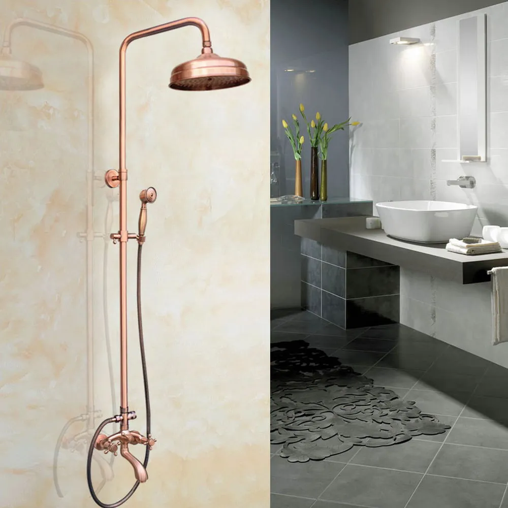 Antique Red Copper Brass Dual Cross Handles Bathroom 8 Inch Round Rain Shower Faucet Set Tub Mixer Tap Hand Shower mrg501
Antique Red Copper Brass Dual Cross Handles Bathroom 8 Inch Round Rain Shower Faucet Set Tub Mixer Tap Hand Shower mrg501
