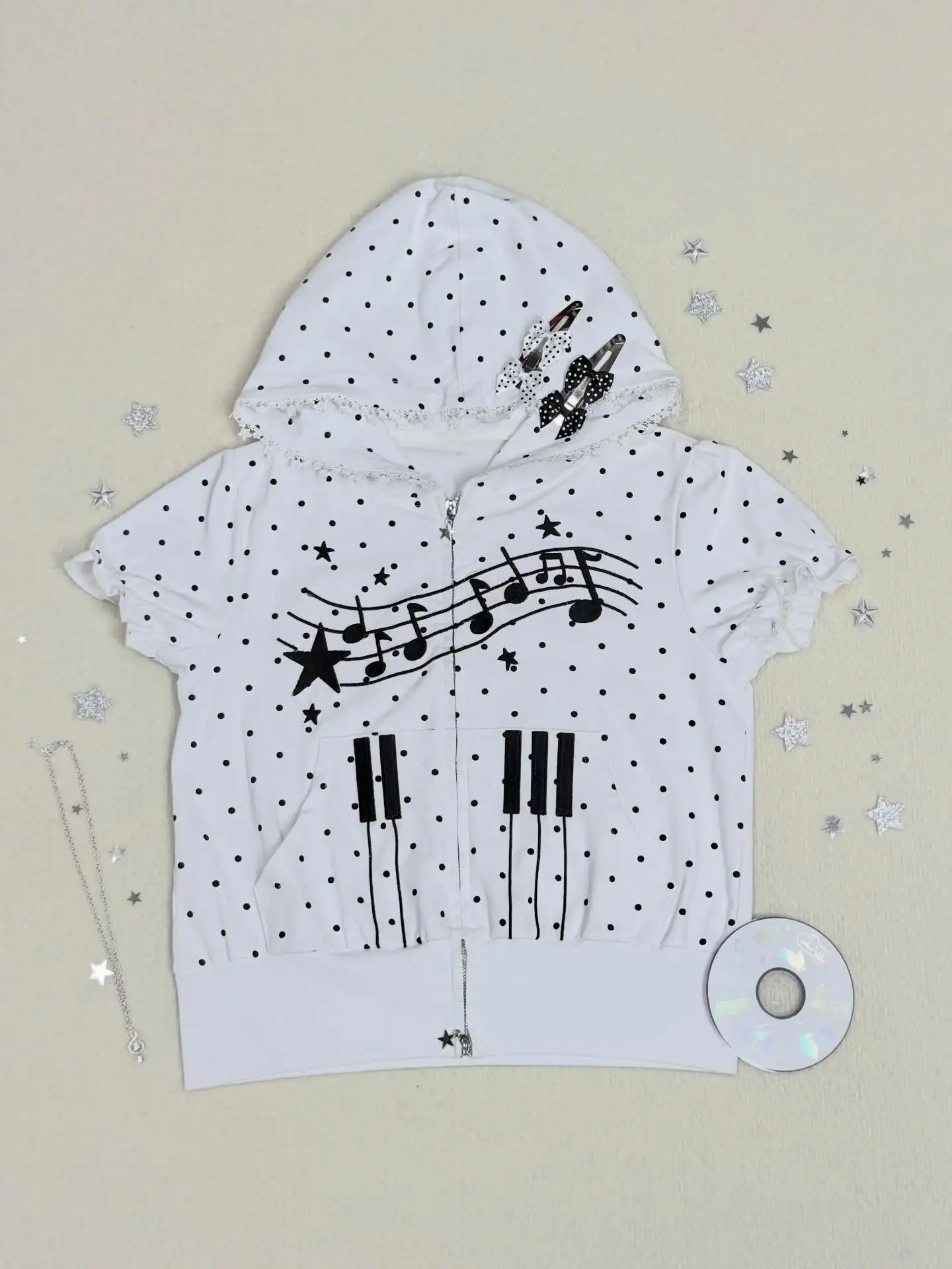 Polka Dot Music Note Print Hoodie Women Zip Up Lace Trim Short Sleeve Y2K Kawaii Coquette Casual Summer Sweatshirt
Polka Dot Music Note Print Hoodie Women Zip Up Lace Trim Short Sleeve Y2K Kawaii Coquette Casual Summer Sweatshirt