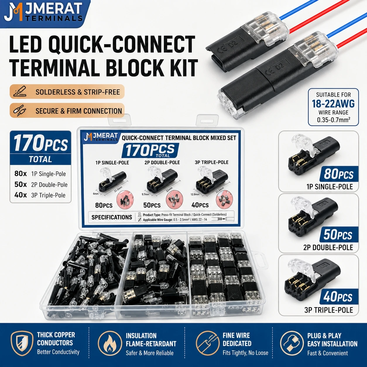 170PCS Quick-Connect Terminal Block Kit Solderless Wire Connectors 1/2/3 Pole for 18 -22AWG LED Projects Electrical Wiring
170PCS Quick-Connect Terminal Block Kit Solderless Wire Connectors 1/2/3 Pole for 18 -22AWG LED Projects Electrical Wiring