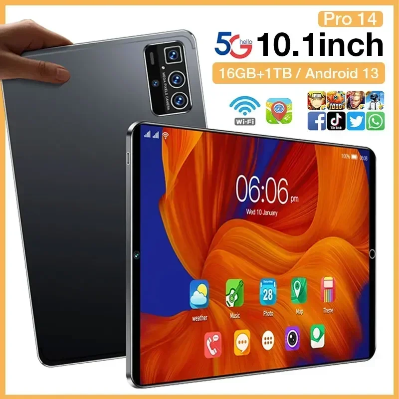 Original Pro 14 Tablet PC Global Version 10.1inch 16GB+1TB Android13 5G, Dual SIM, WiFi, Google Play, GPS, Tablet, 2024
Original Pro 14 Tablet PC Global Version 10.1inch 16GB+1TB Android13 5G, Dual SIM, WiFi, Google Play, GPS, Tablet, 2024