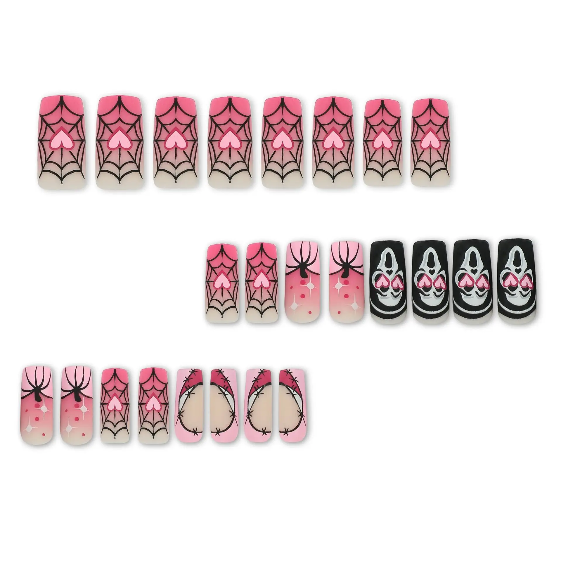 24Pcs Medium Square Press on Nails - Gothic Halloween Valentine Design with Black Ghosts & Blood Hearts on Pink Ombre
24Pcs Medium Square Press on Nails - Gothic Halloween Valentine Design with Black Ghosts & Blood Hearts on Pink Ombre