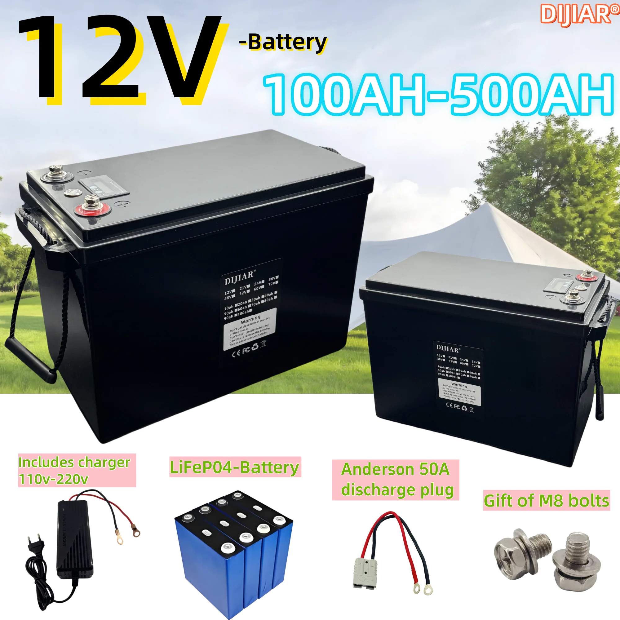 DIJIAR LIFEPO4 lithium iron phosphate battery, air transportation 12V200AH-500AH, built-in 100AHBMS+charger 30AH
DIJIAR LIFEPO4 lithium iron phosphate battery, air transportation 12V200AH-500AH, built-in 100AHBMS+charger 30AH