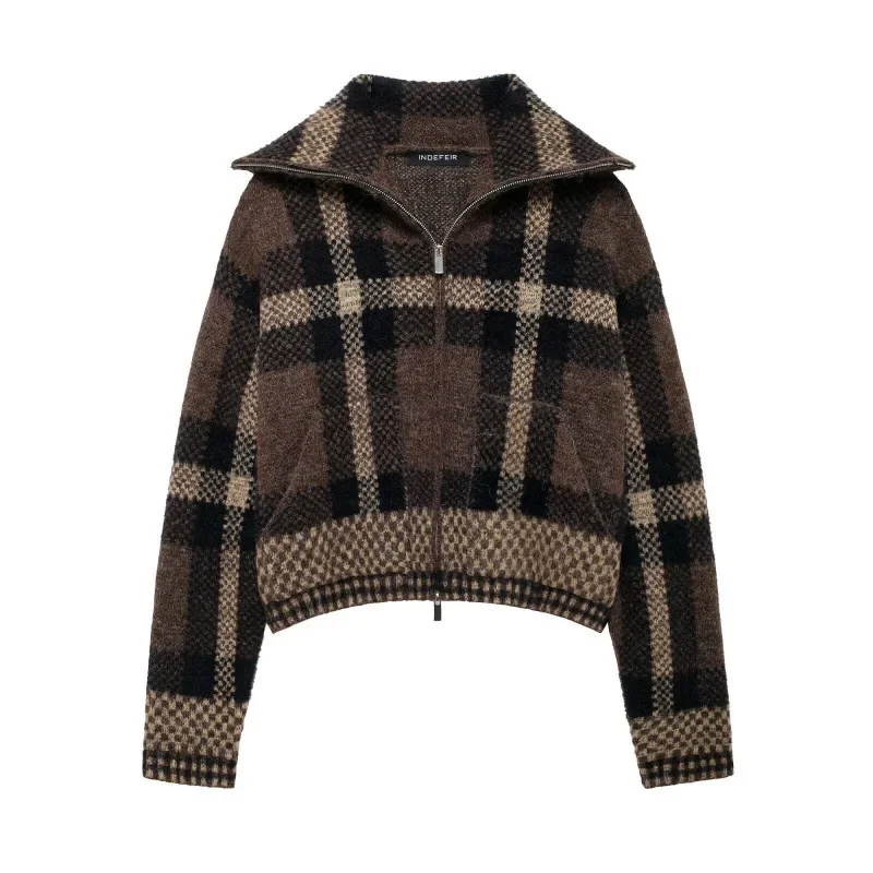 Turn-down Collar Full Sleeve Polyester Fiber Cross-Border Clothing Fashionable Knitted Plaid Jacket Women's Autumn Outerwear
Turn-down Collar Full Sleeve Polyester Fiber Cross-Border Clothing Fashionable Knitted Plaid Jacket Women's Autumn Outerwear