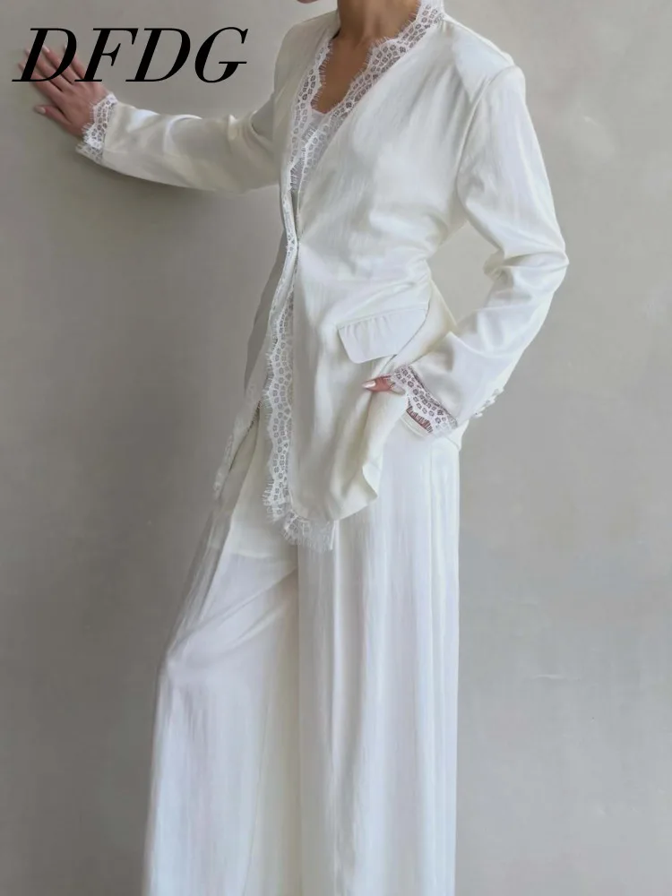 DFDG Women 2026 Spring Summer Lace Trim Two Piece Outfit Ruched Waist Blazer High Waist Wide Leg Pants Set Elegant Office Set
DFDG Women 2026 Spring Summer Lace Trim Two Piece Outfit Ruched Waist Blazer High Waist Wide Leg Pants Set Elegant Office Set