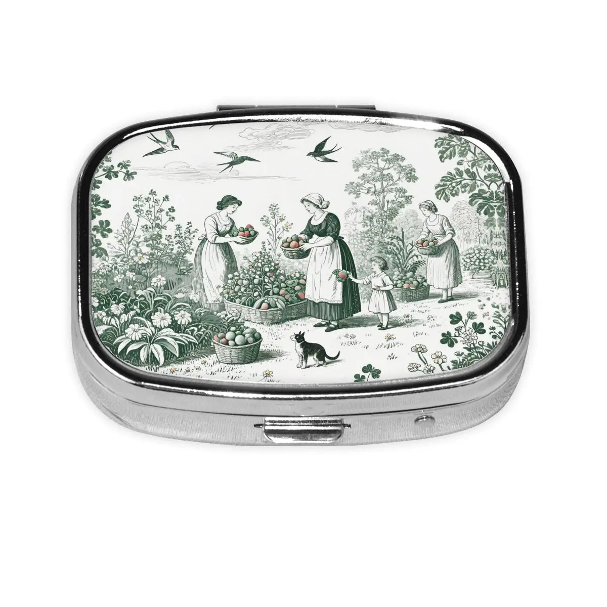 Винтажная металлическая коробка для таблеток Toile De Jouy, компактный классический пасторальный узор, квадратный контейнер для таблеток с 2 отделениями для путешествий 
Винтажная металлическая коробка для таблеток Toile De Jouy, компактный классический пасторальный узор, квадратный контейнер для таблеток с 2 отделениями для путешествий