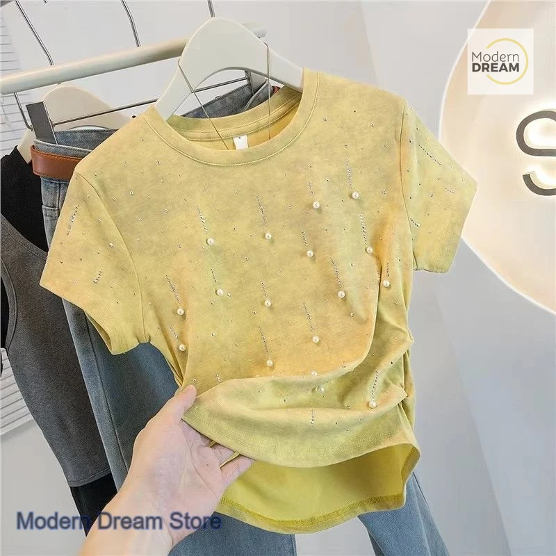 Korean yellow fold tie-dyed chic and beautiful short-sleeved T-shirt female summer new plus size fashion slim short blouse.
Korean yellow fold tie-dyed chic and beautiful short-sleeved T-shirt female summer new plus size fashion slim short blouse.