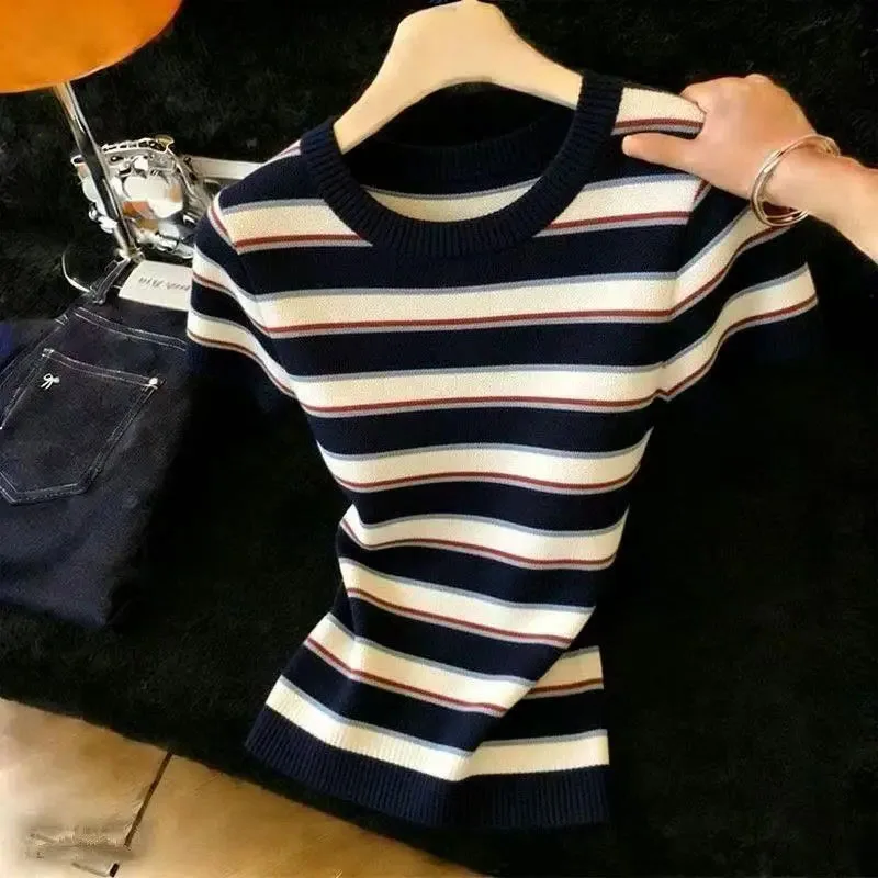 New Summer O-Neck Knitted Sweater Women Pullovers Short Sleeve Striped Knit Sweater Pullover Women Tops Sueters De Mujer Q4157
New Summer O-Neck Knitted Sweater Women Pullovers Short Sleeve Striped Knit Sweater Pullover Women Tops Sueters De Mujer Q4157