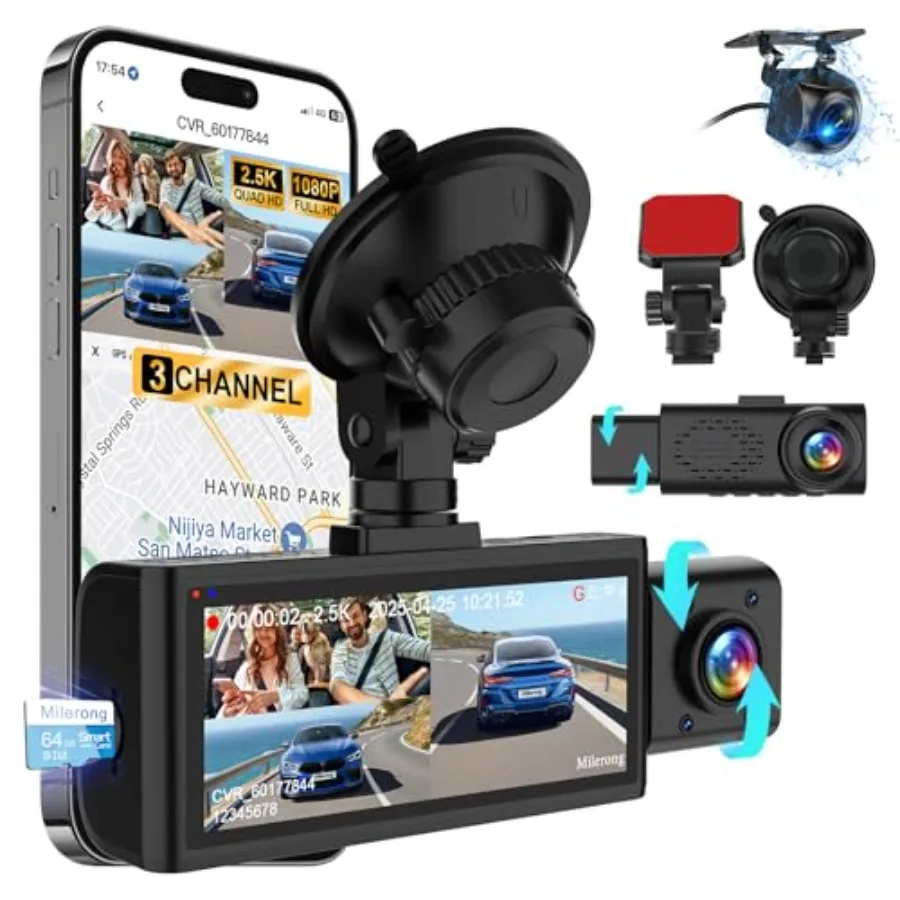 Car dash cam: 3-channel 4K front/rear/interior, 5G WiFi app control, 4K/2.5K+1080P+1080P, 64GB card, 24H parking monitor, night
Car dash cam: 3-channel 4K front/rear/interior, 5G WiFi app control, 4K/2.5K+1080P+1080P, 64GB card, 24H parking monitor, night