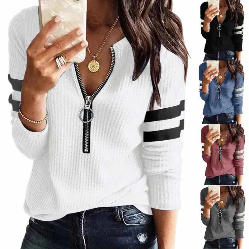 2023 Sexy V Neck Zip Long Sleeve Striped T-shirts Casual Women Long Sleeve Loose Tee TOps
2023 Sexy V Neck Zip Long Sleeve Striped T-shirts Casual Women Long Sleeve Loose Tee TOps